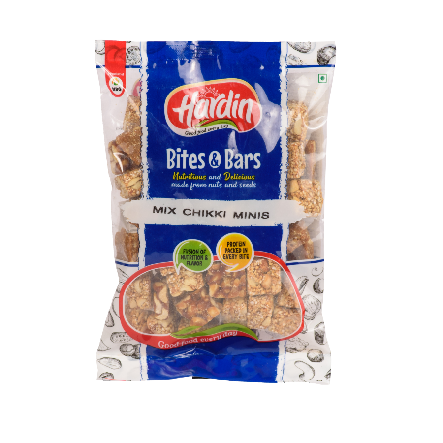 Front pack of Hardin Mix Chikki Minis 200g - organic peanut, sesame and rajgira crunchy sweet snacks