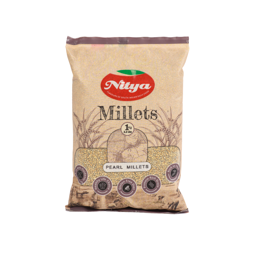 Front view of Nitya Pearl Millet 1kg pack - premium quality natural bajra grains.