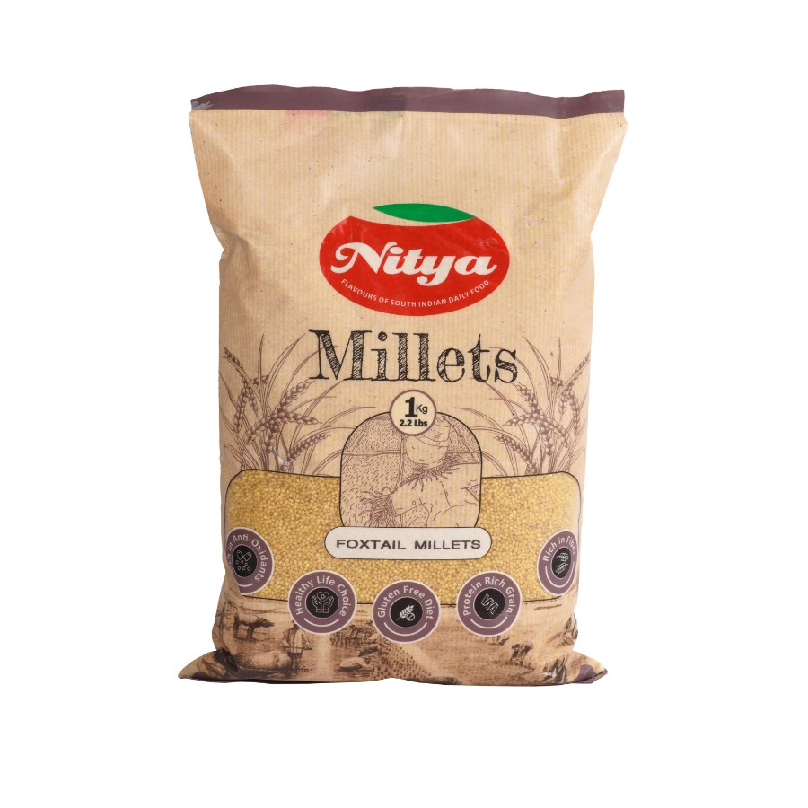 Front view of Nitya Foxtail Millet 1kg pack - premium quality natural foxtail millet.