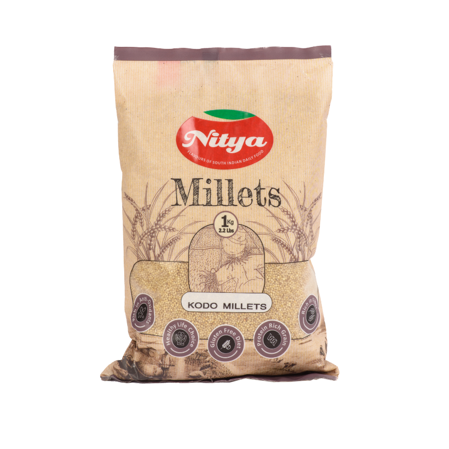Front view of Nitya Kodo Millet 1kg pack - premium quality natural kodo millet.