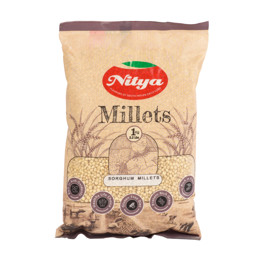 Front view of Nitya Sorghum Millet 1kg pack - premium quality natural sorghum grains.