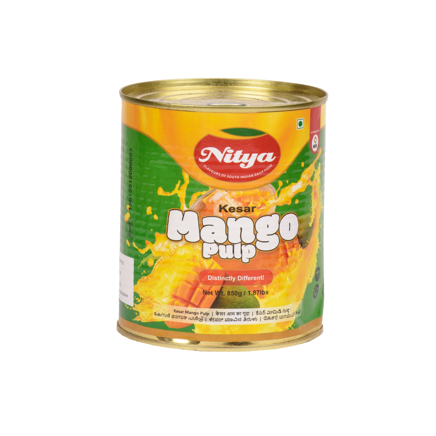 Front view of Nitya Kesar Mango Pulp 850g can - premium sweetened mango pulp.