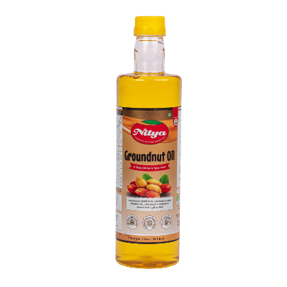 Front view of Nitya Groundnut Oil 1L bottle - premium quality groundnut cooking oil.
