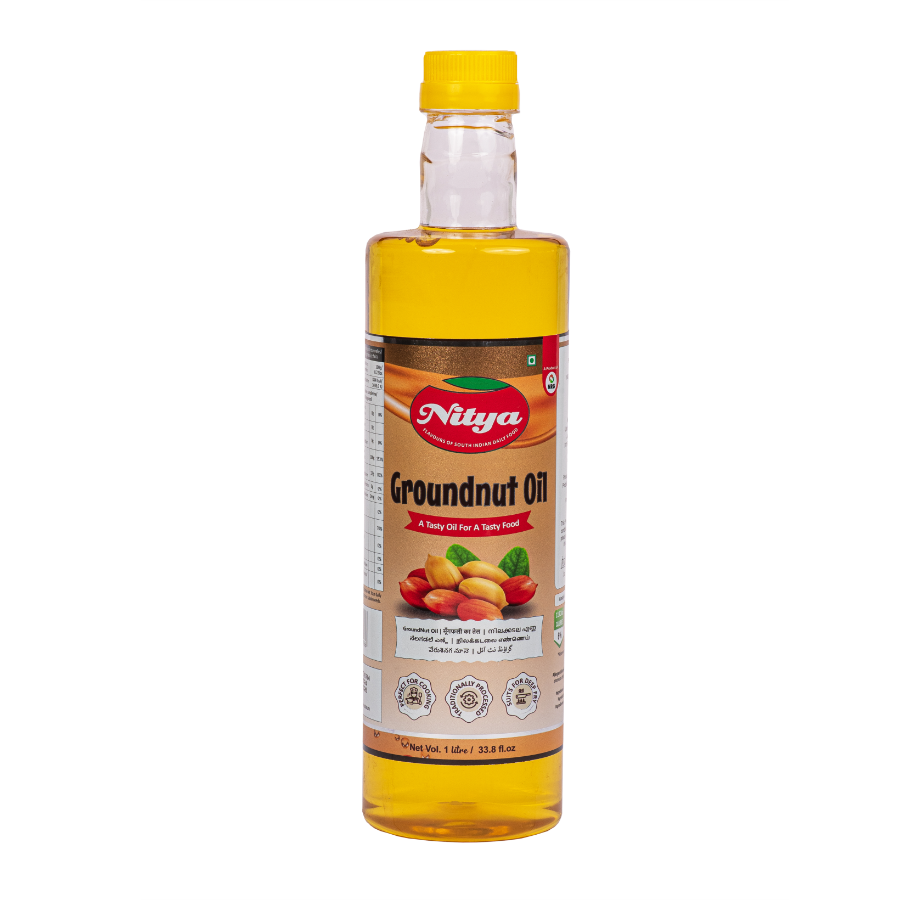 Front view of Nitya Groundnut Oil 1L bottle - premium quality groundnut cooking oil.