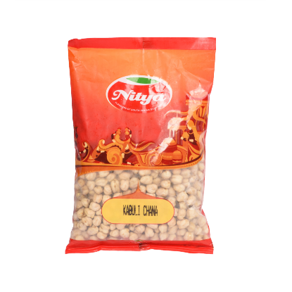 Front view of Nitya 1kg Kabuli Chana pack - premium white chana for authentic Chole recipes