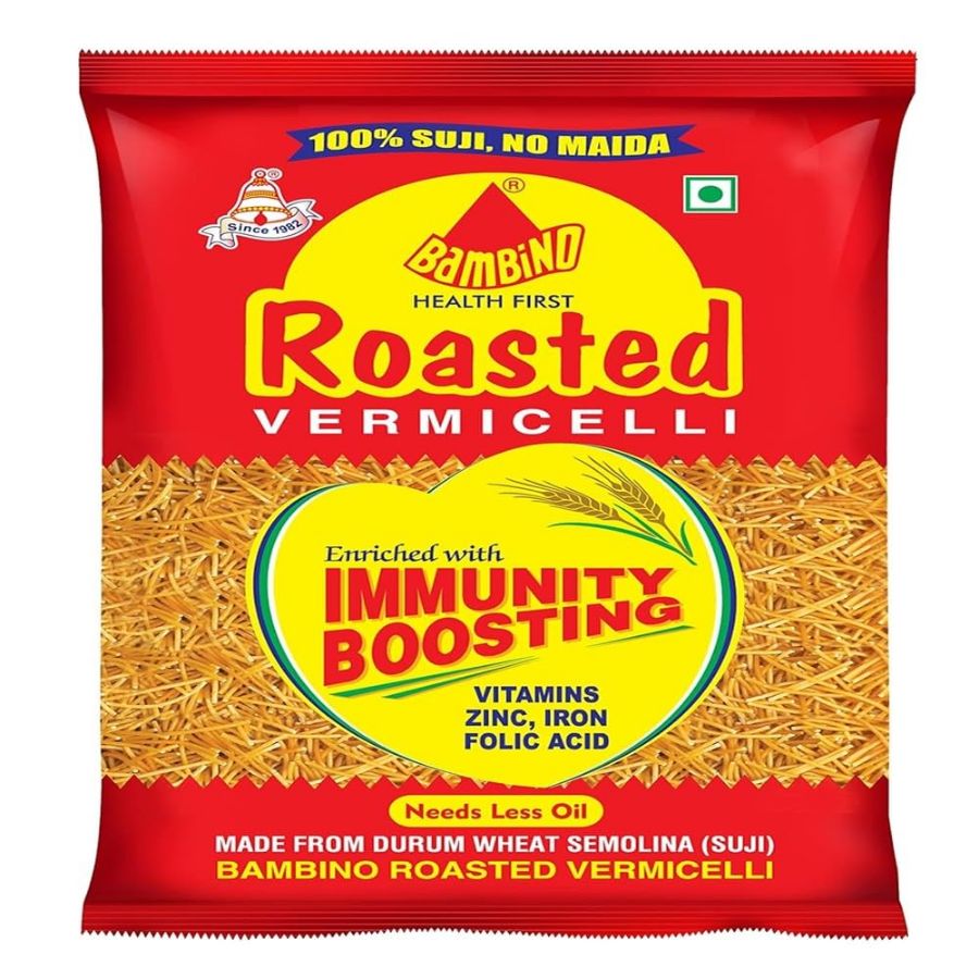 Front view of Bambino Roasted Vermicelli 350g pack - golden roasted semolina noodles.