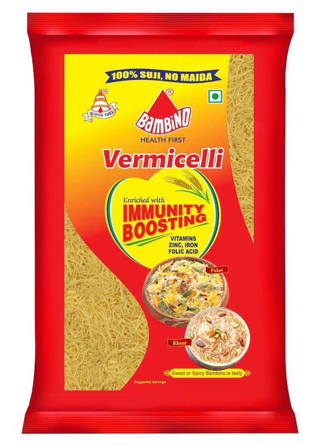 Front view of Bambino Vermicelli 350g pack - premium wheat semolina noodles.