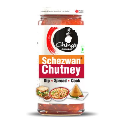 Front view of Ching's Secret Schezwan Chutney 250g jar - spicy Indo-Chinese condiment.