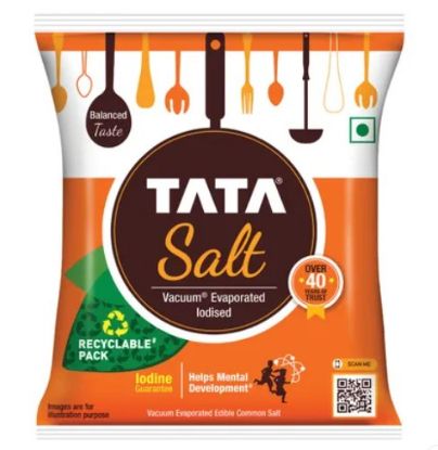 Front view of Tata Iodised Salt 1 kg pack - pure and trusted cooking salt.