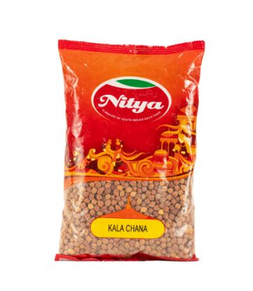 Front view of Nitya 1kg Kala Chana pack - premium dried black chickpeas for traditional Indian recipes