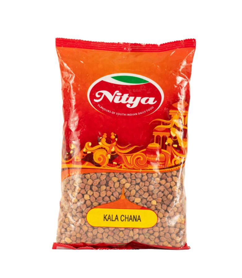 Front view of Nitya 1kg Kala Chana pack - premium dried black chickpeas for traditional Indian recipes