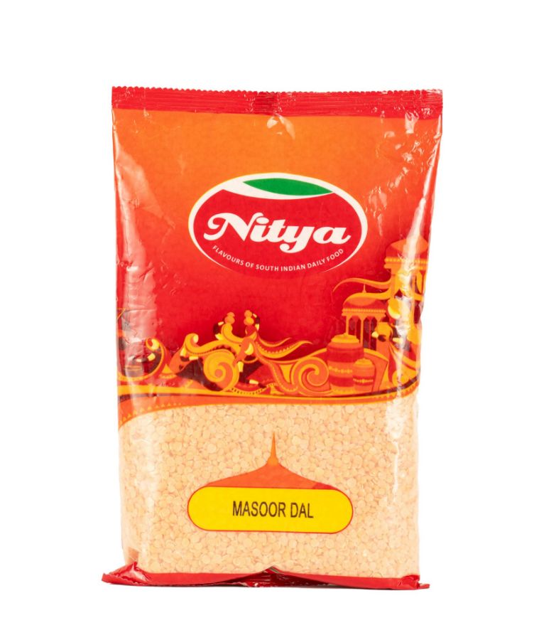 Front view of Nitya 1kg Masoor Dal Split pack - premium red lentils for authentic Indian dal recipes