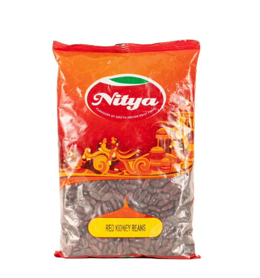 Front view of Nitya 1kg Red Kidney Beans pack - premium quality dark red kidney beans for cooking