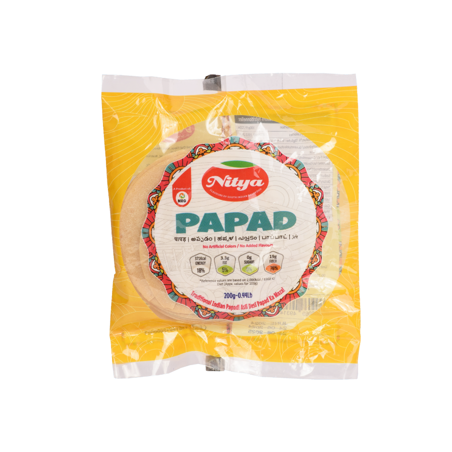 Front view of Nitya Plain Papad 200g pack - thin and crispy 4-inch lentil papads