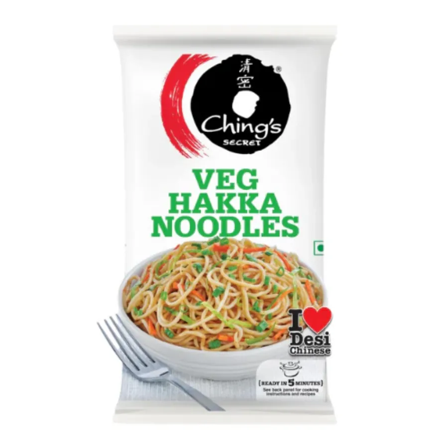Front view of Ching's Secret Veg Hakka Noodles 140g pack - authentic Indo-Chinese noodles.