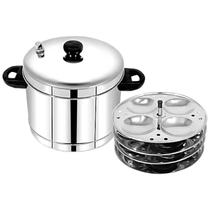 Front view of Stainless Steel Idly Cooker with 4 Plates - high-quality idly maker