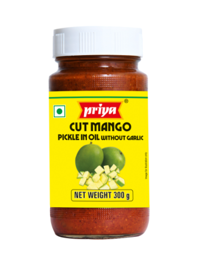 Front view of Priya Cut Mango Pickle Without Garlic 300g jar - authentic Indian mango pickle