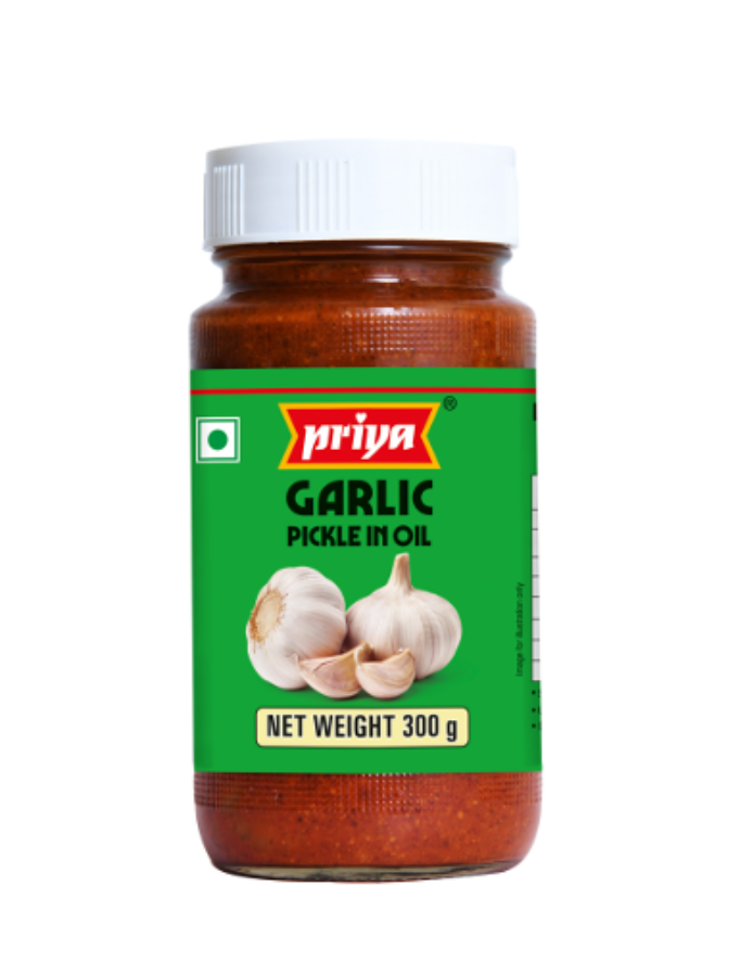 Front view of Priya Garlic Pickle 300g jar - authentic spicy garlic achar