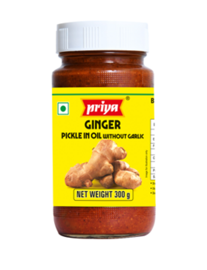 Front view of Priya Ginger Pickle Without Garlic 300g jar - authentic tangy ginger achar