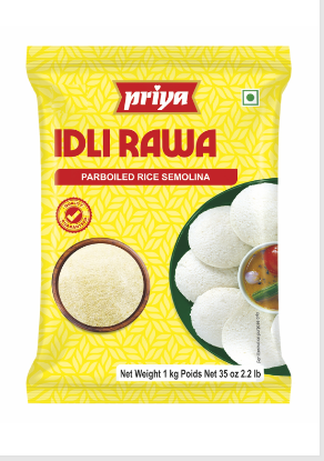 Front view of Priya Idly Rava 1kg pack - premium rice semolina for idlis.