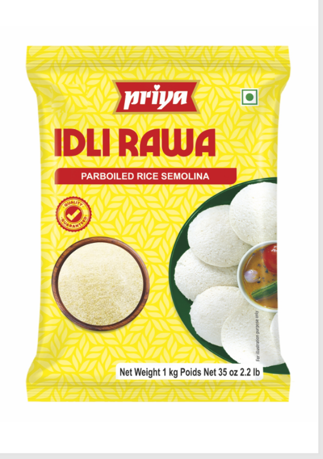 Front view of Priya Idly Rava 1kg pack - premium rice semolina for idlis.