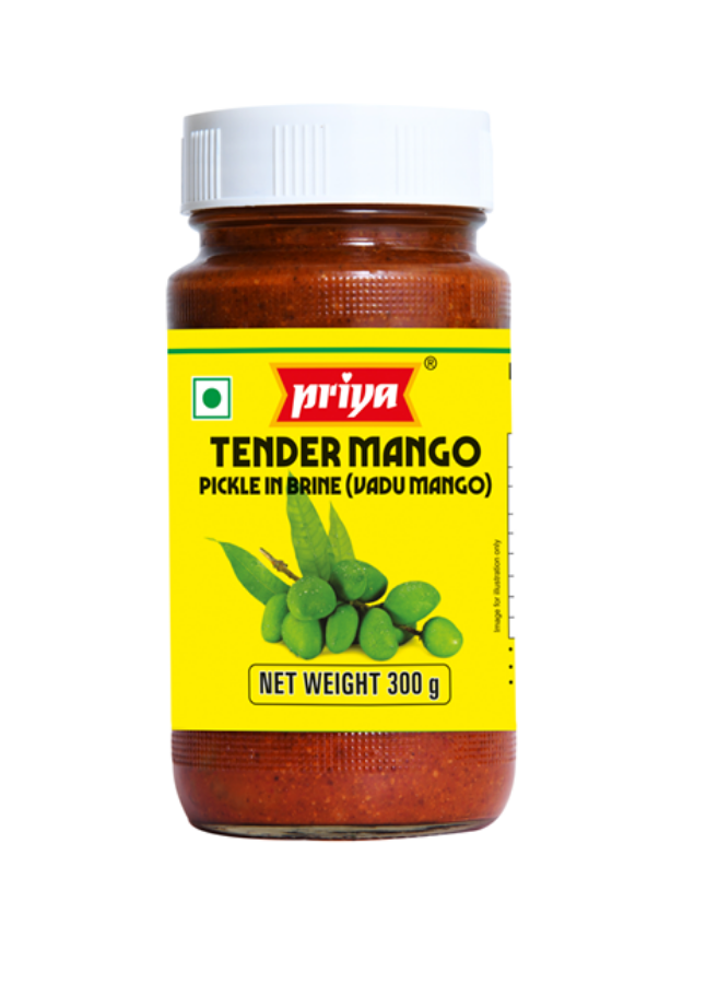 Front view of Priya Tender Mango Pickle in Brine 300g - authentic Vadu Mango pickle.