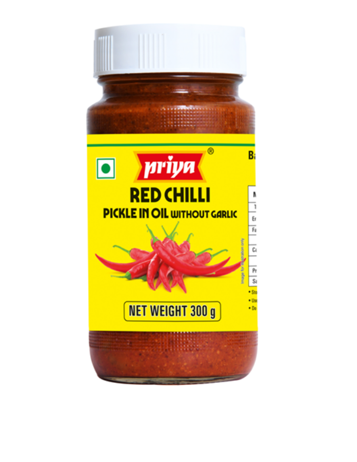 Front view of Priya Red Chilli Pickle Without Garlic 300g jar - authentic fiery red chili achar