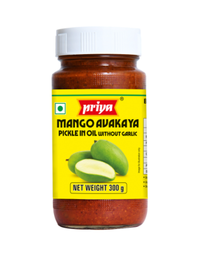 Front view of Priya Mango Pickle Avakaya Without Garlic 300g - authentic Indian mango achar