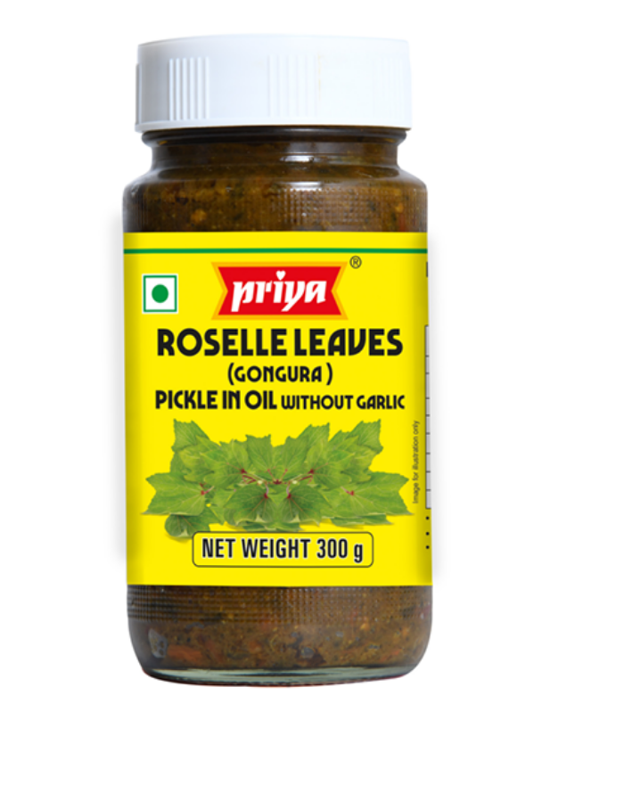 Front view of Priya Roselle Leaves Pickle Without Garlic 300g jar - authentic Gongura pickle