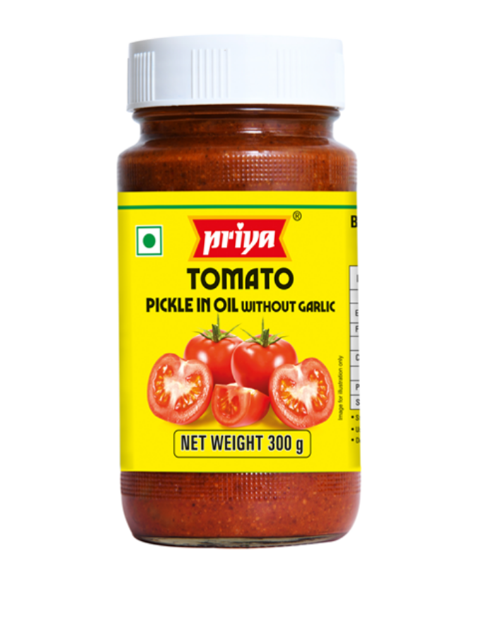 Front view of Priya Tomato Pickle Without Garlic 300g jar - authentic tomato pickle indian style