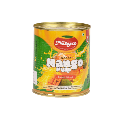 Front view of Nitya Alphonso Mango Pulp 850g can - premium sweetened mango pulp.
